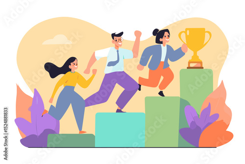Climbing the Success Ladder: A stylized illustration of professionals stride up steps toward a shining golden trophy, symbolizing ambition, teamwork, and the relentless pursuit of success.