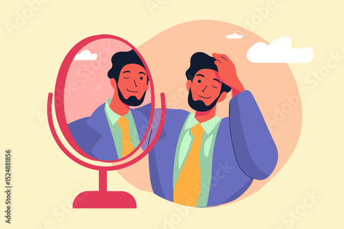Self-Reflection and Confidence: A man looks at his reflection in a mirror, adjusting his hair with a confident smile, symbolizing self-acceptance and positive self-image.