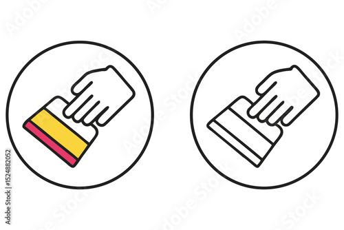 Hand holding squeegee with yellow and red band appears in two round icons