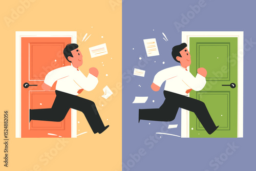 Businessman Running Through Doors: A stylized illustration depicts a businessman rushing between two doors, symbolizing the choices and challenges in a fast-paced work environment.  