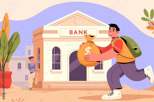 Wealth Transfer: A spirited individual, clutching a bag of money, dashes away from a grand bank building. In a charming, whimsical illustration.