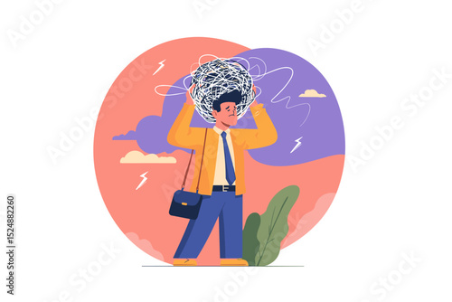 Mental Overload: An illustration depicting a person overwhelmed with a tangled mass of thoughts. Capturing the struggles of stress and anxiety in a visual, symbolic representation.