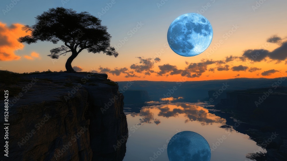 A serene landscape featuring a large, vibrant moon, a lone tree perched atop a cliff, and a calm river reflecting the sky. A serene landscape featuring a large, vibrant moon, a lone tree perched atop a cliff, and a calm river reflecting the sky.