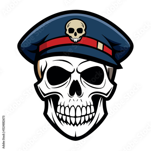Skull in a Military Hat with Small Skull Emblem. Vector Illustration