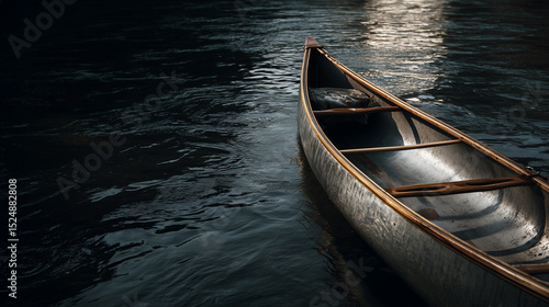 Canoe floating on dark reflective water surface