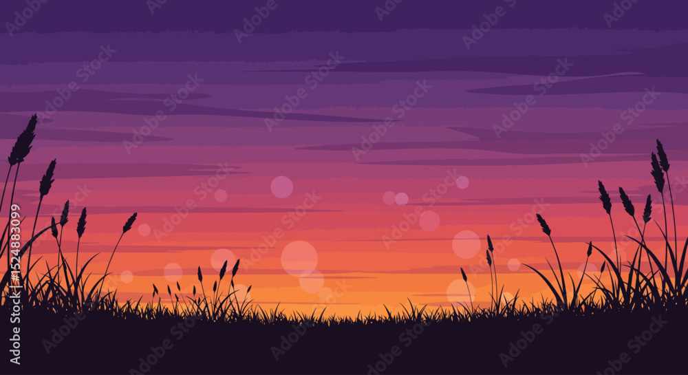 Fototapeta premium Sunset Meadow Silhouette – Peaceful Nature Scene with Bokeh Sky & Tall Grass