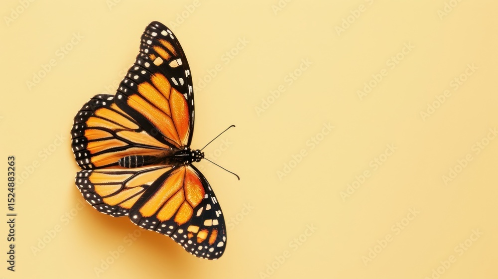 Fototapeta premium Monarch Butterfly with Wings Spread on Yellow Background with Copy Space for Text