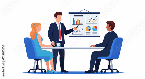 Modern vector illustration of a professional business meeting featuring three individuals in a clean office setting. 