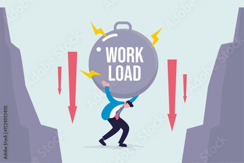 Flat design illustration of a businessman overwhelmed by a giant "WORK LOAD" weight on his back, surrounded by red arrows and lightning bolts symbolizing pressure.