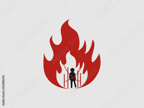 A bold red flame encompassing a stylized black human figure behind bars