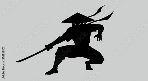 style ninja with angry eyes, full black costume, holding katana, crouching battle stance, cute yet fierce, silhouette vector, white background