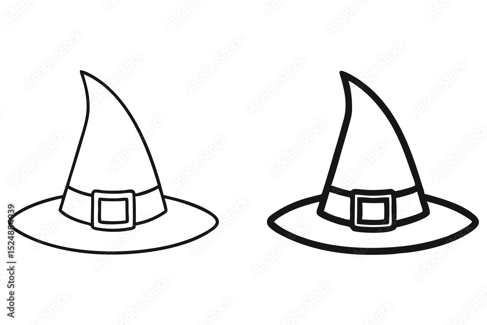 Fototapeta premium Two monochrome outlines present the iconic design of a witch hat for Halloween