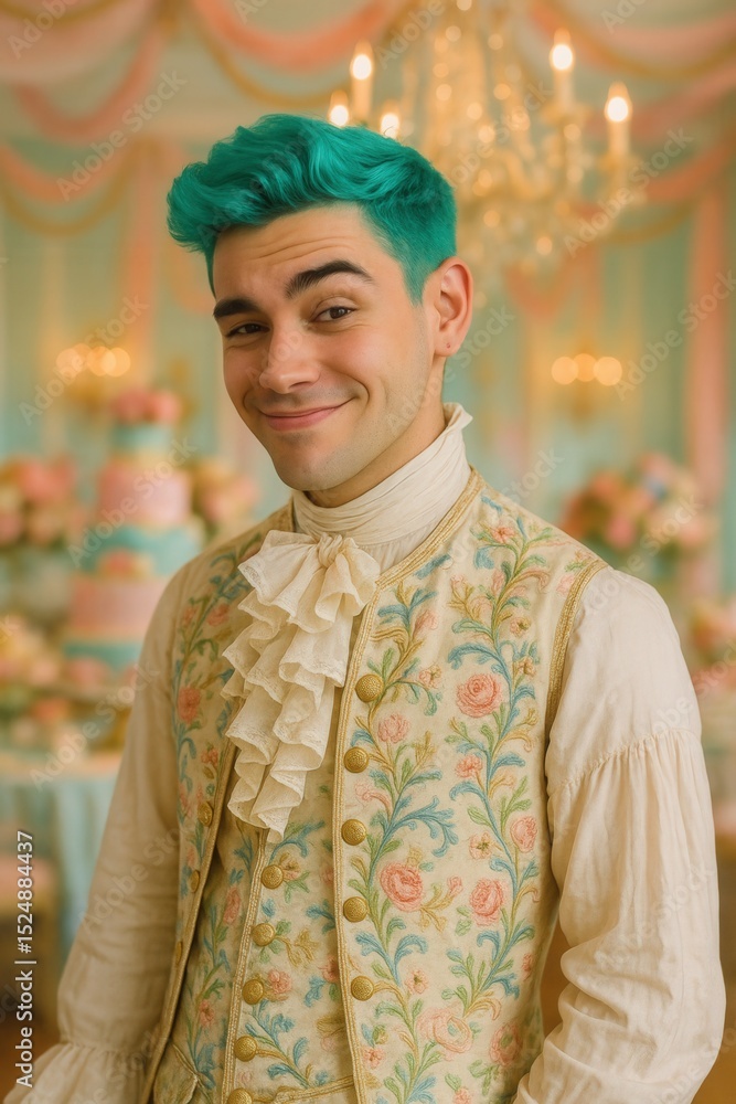Fototapeta premium Smiling young man with teal hair in elegant 18th century rococo outfit at pastel themed party