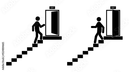 Set of stick figures, movement along the emergency exit stairs, flat vector illustration.