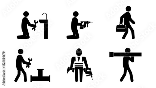Set of stick figures, plumbing and repair, flat vector illustration.