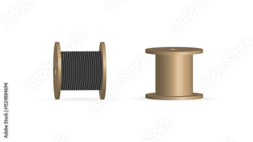 Wooden reel with power electric cable, front view, vector illustration.