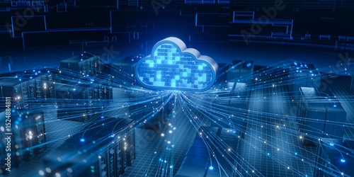 Cloud computing symbol connects to server datacenter network.