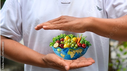 Εκτύπωση καμβά Fruits and vegetables are stacked in a bowl shaped like a world map between two hands