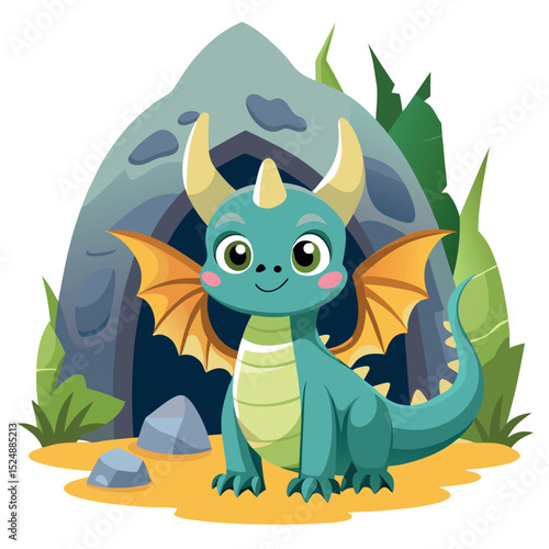 Smiling Dragon Cartoon Character with Wings Near Cave Entrance and Lush Vegetation