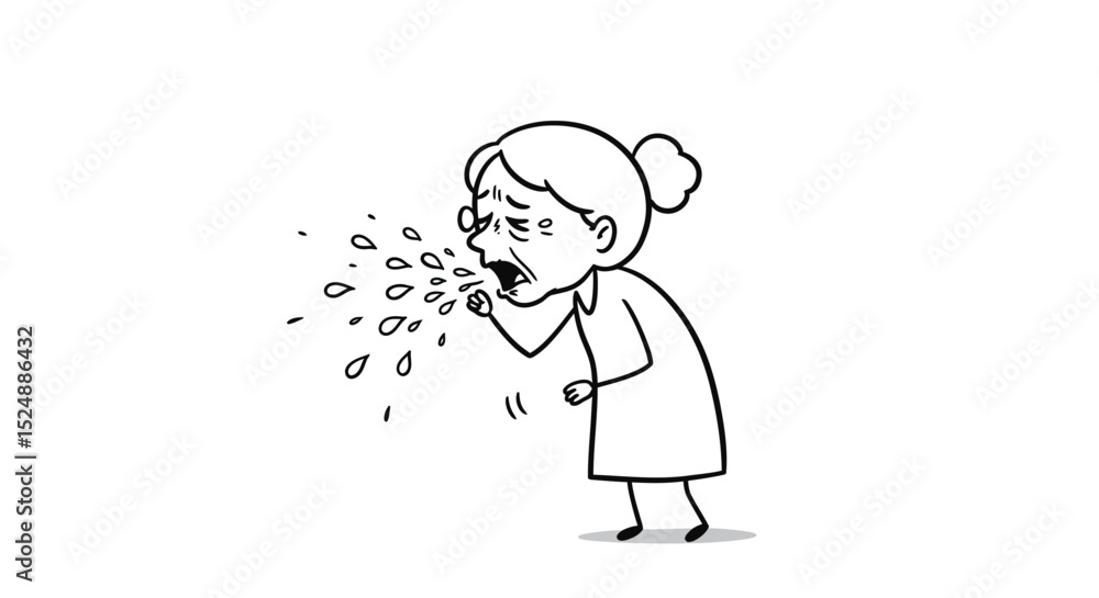 Minimalist black and white line art illustration of a woman sneezing or coughing, spreading droplets. Suitable for health awareness, virus transmission education, hygiene posters, Minimalist black and white line art illustration of a woman sneezing or coughing, spreading droplets. Suitable for health awareness, virus transmission education, hygiene posters,
