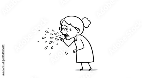 Minimalist black and white line art illustration of a woman sneezing or coughing, spreading droplets. Suitable for health awareness, virus transmission education, hygiene posters,