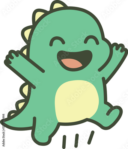Excited Green Dinosaur Jumping Up with a Big Happy Smile