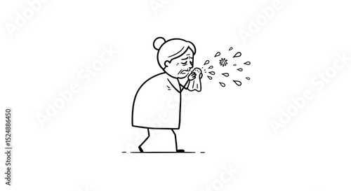 Minimalist black and white line art illustration of a woman sneezing or coughing, spreading droplets. Suitable for health awareness, virus transmission education, hygiene posters,