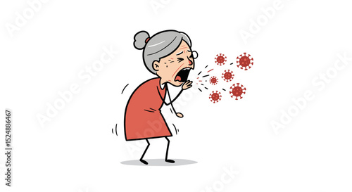 an elderly woman coughing with virus particles spreading in the air. The image highlights health risks, virus transmission, and vulnerability of seniors to infectious diseases. Suitable for healthcare