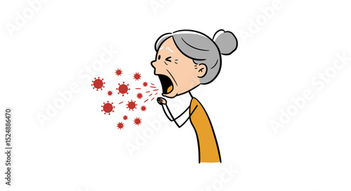 an elderly woman coughing with virus particles spreading in the air. The image highlights health risks, virus transmission, and vulnerability of seniors to infectious diseases. Suitable for healthcare