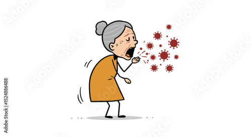 an elderly woman coughing with virus particles spreading in the air. The image highlights health risks, virus transmission, and vulnerability of seniors to infectious diseases. Suitable for healthcare