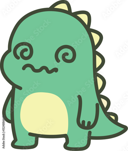 Confused and Dizzy Cute Green Dinosaur with Swirly Eyes and a Wobbly Mouth








