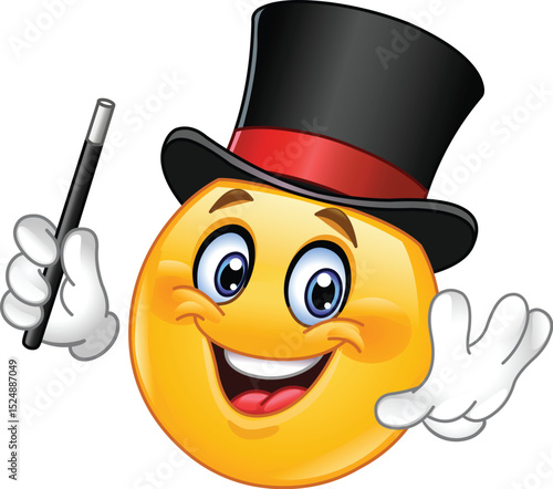 Happy Emoji Emoticon Wearing a Magician Top Hat and Holding a Magic Wand