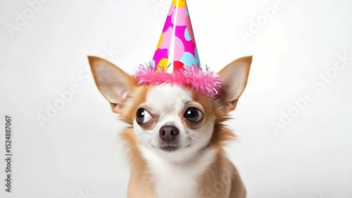 Festive chihuahua dog in a party hat for birthday fun on a white background.