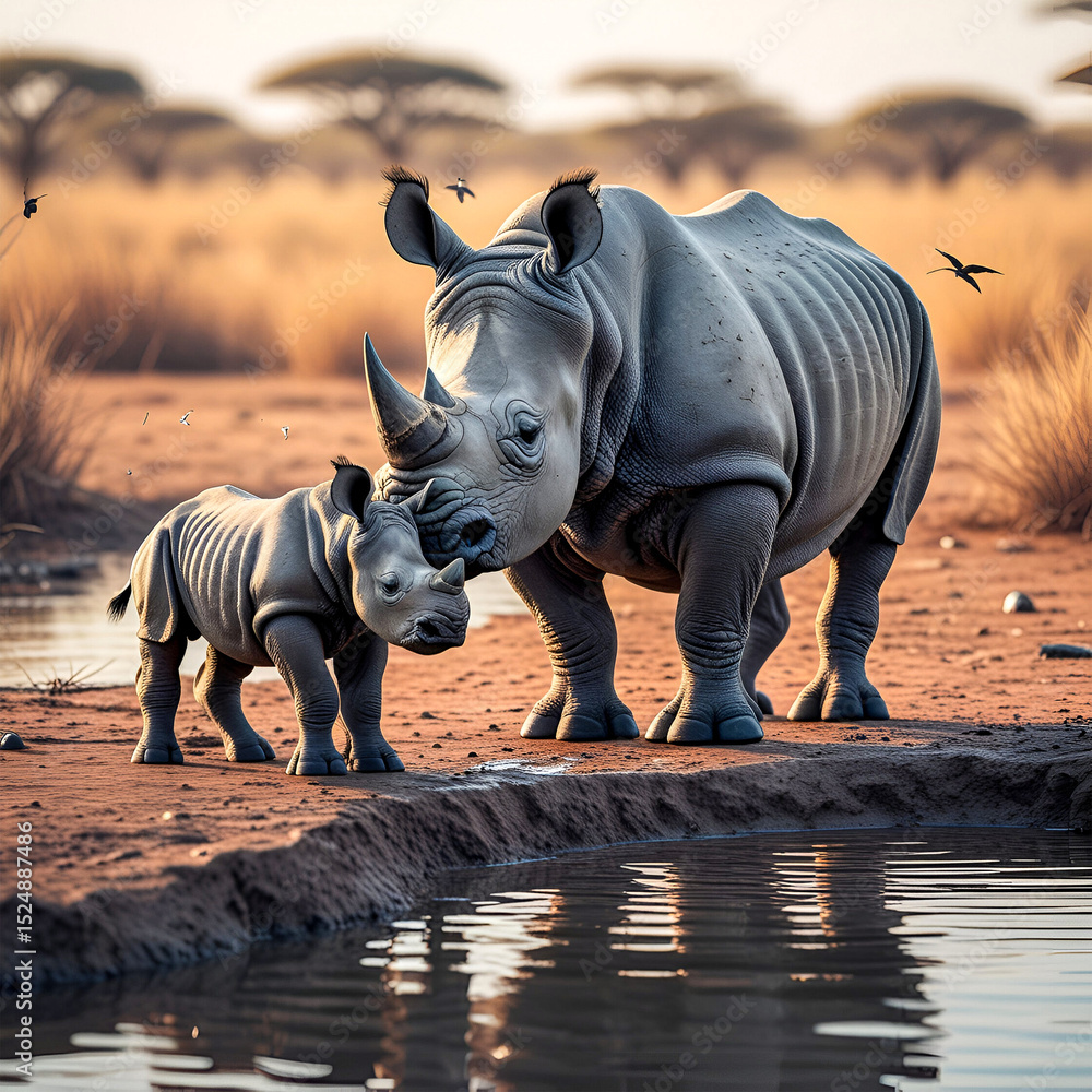 Fototapeta premium Mother and baby rhino getting ready to drink