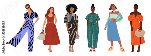 Vector set of diverse women in trendy summer street fashion, dresses, skirts, jumpsuits. Full length characters standing, isolated on transparent background. Stylish and inclusive design