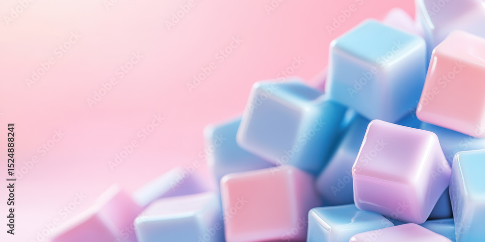 Fototapeta premium Pastel colored candy cubes stacked against a soft pink and blue gradient background