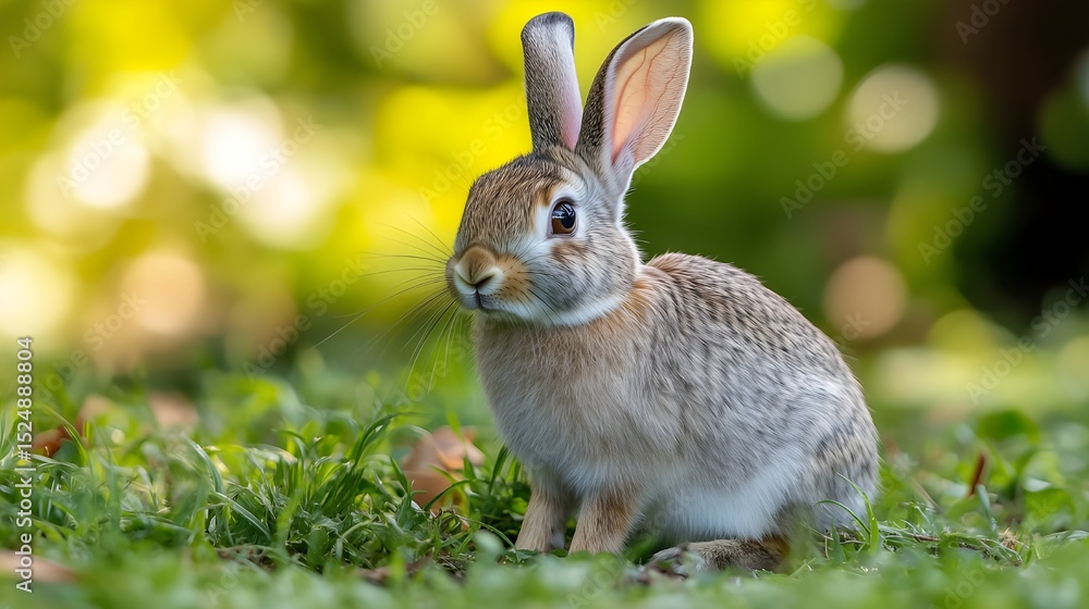 Fototapeta premium Adorable Wild Cottontail Rabbit with Alert Long Ears in Sunlit Green Meadow Grass - Cute Bunny Portrait - Nature Wildlife Photography - Serene Outdoor Scene with Beautiful Golden Hour Bokeh Background