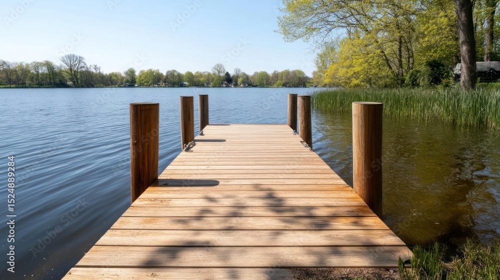 Obraz premium Wooden Dock Over Still Lake Water on Sunny Day