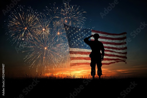 Elderly American soldier saluting proudly before waving flag with fireworks illuminating night sky at Victory Day