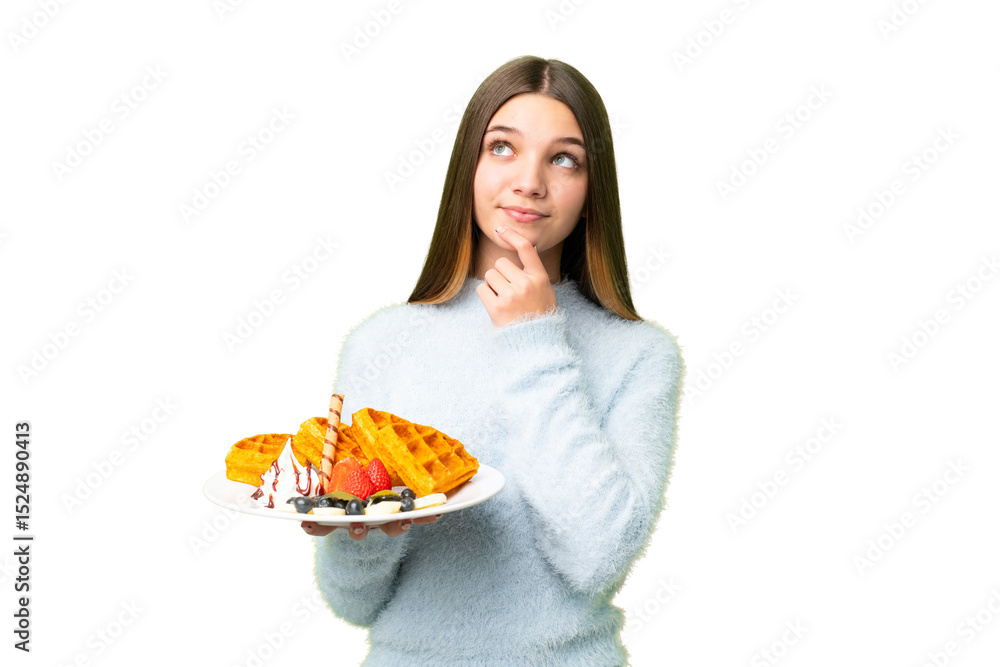 Teenager girl holding waffles over isolated chroma key background and looking up Teenager girl holding waffles over isolated chroma key background and looking up