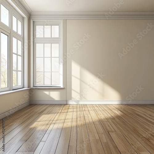 Wallpaper Mural Sunlit empty room with hardwood floor and large windows (7) Torontodigital.ca