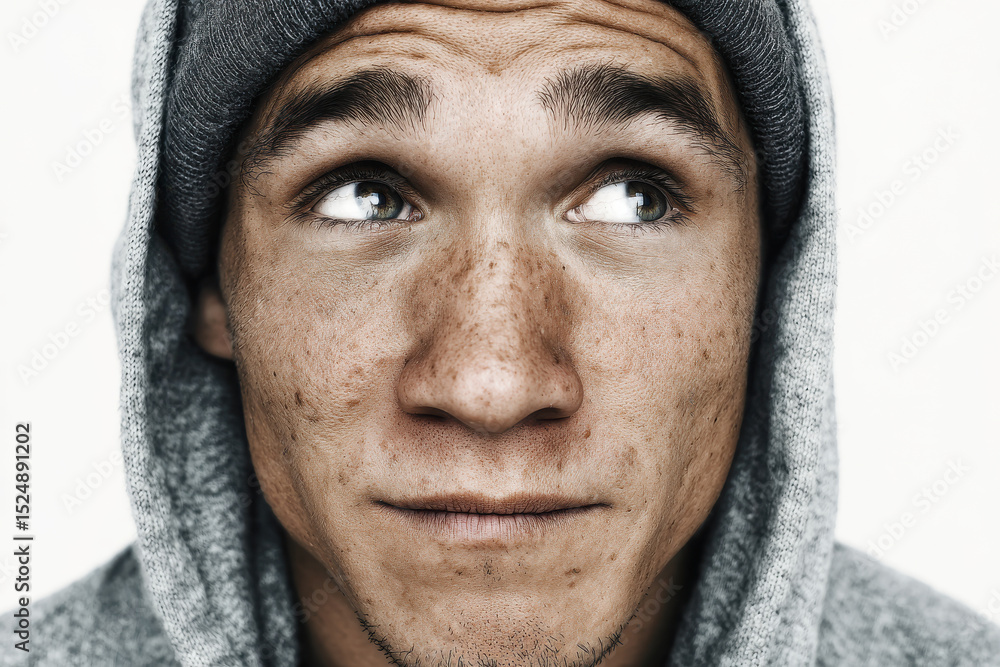 portrait of american homeless person showcasing their face with exaggerated expression of curiosity portrait of american homeless person showcasing their face with exaggerated expression of curiosity