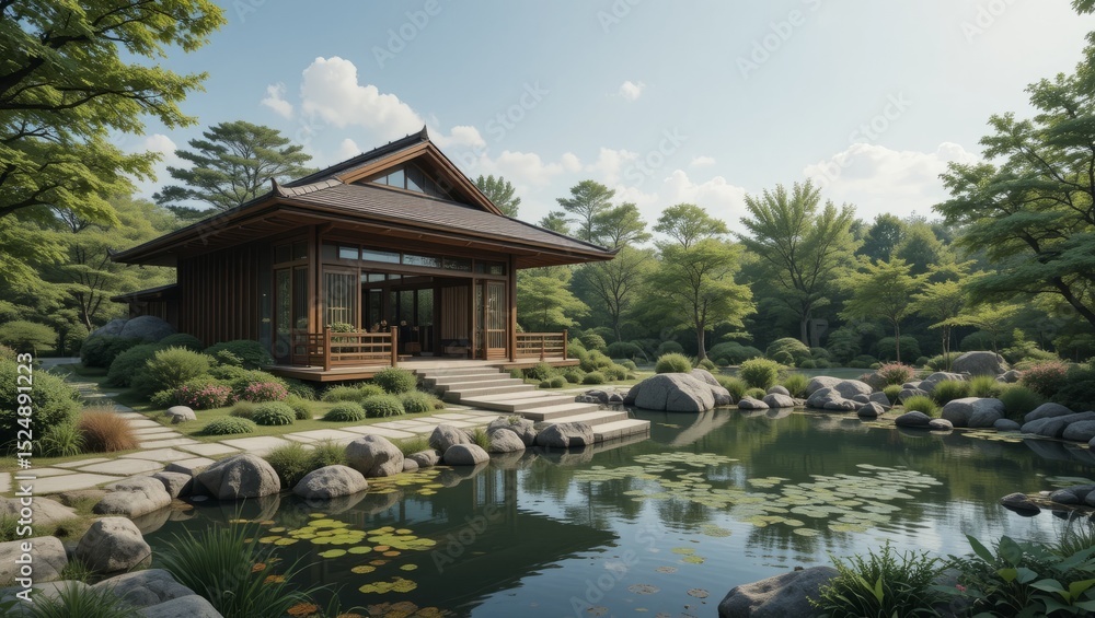 Naklejka premium Serene Traditional Japanese Garden with Pond and Pavilion