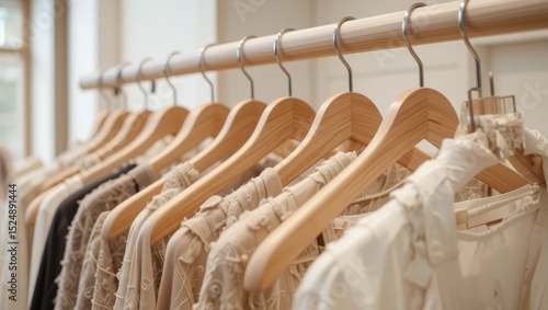 Stylish Wardrobe with Elegant Clothes on Hangars