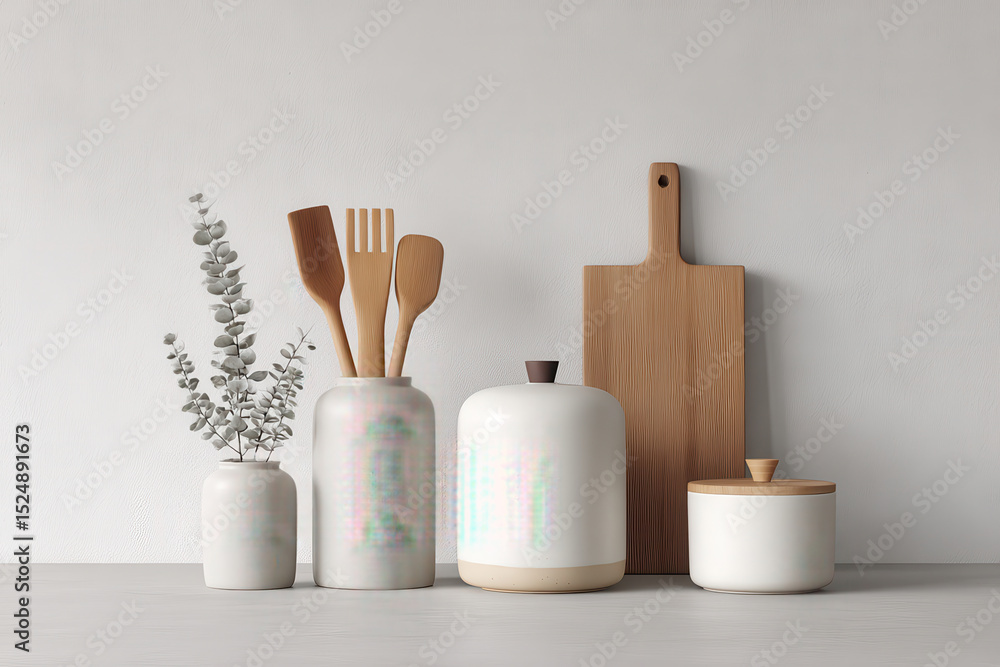 Naklejka premium minimalist still life featuring kitchen utensils arranged elegantly on clean ultrabright background