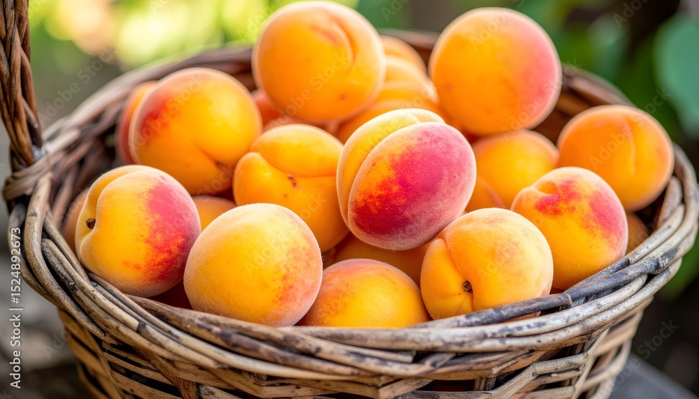 Ripe apricots nestling in woven basket, fuzzy golden orange fruit displaying peak freshness and seasonal abundance Ripe apricots nestling in woven basket, fuzzy golden orange fruit displaying peak freshness and seasonal abundance