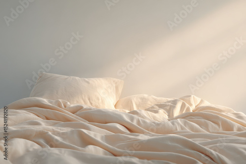 beautiful bed after sleep featuring crumpled sheets and soft light