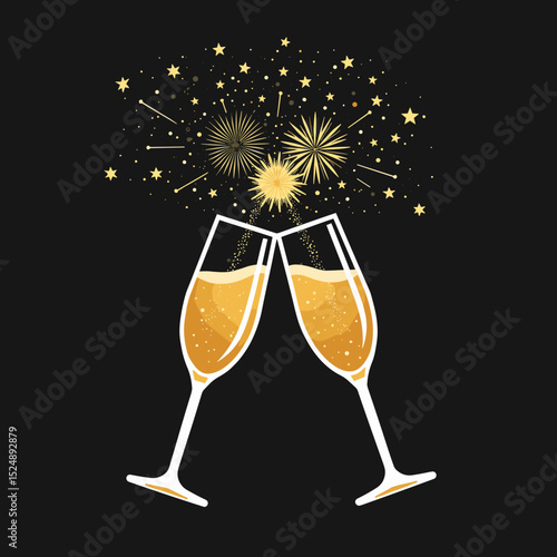 Champagne glasses clinking with fireworks on a dark background  