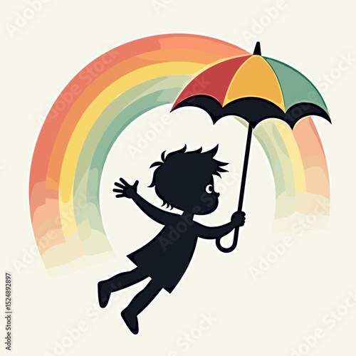 Young child flying with umbrella under a colorful rainbow  