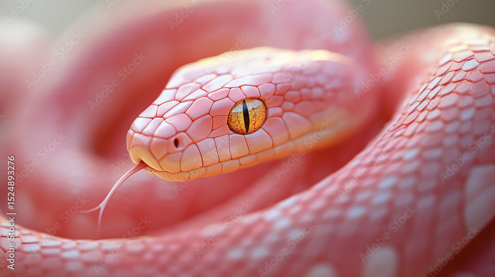 Fototapeta premium Portrait of a pink snake sparkly yellow eyes iridescent skin